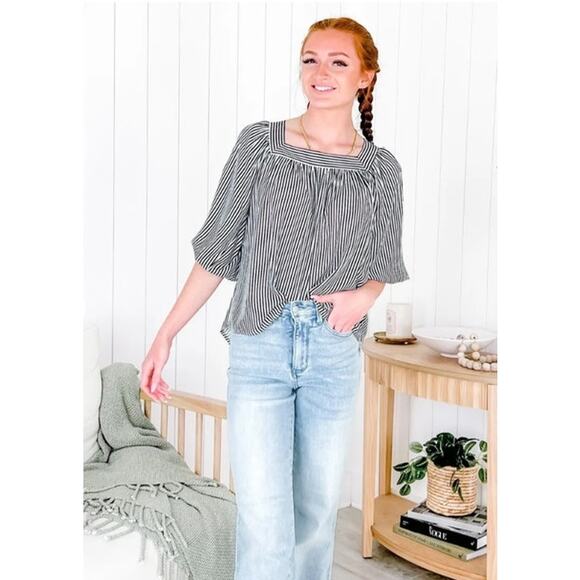 Andree By Unit Striped Boho Peasant Blouse NWT Women’s Large Tie Back - Picture 1 of 8